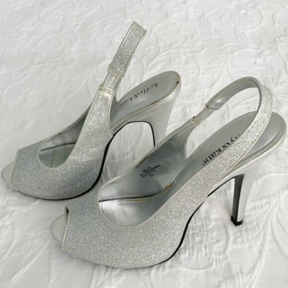 Kelly & Katie Silver Glitter Sparkle Peep Toe Sling Back Platform Heels Size 8.5 - Picture 2 of 6